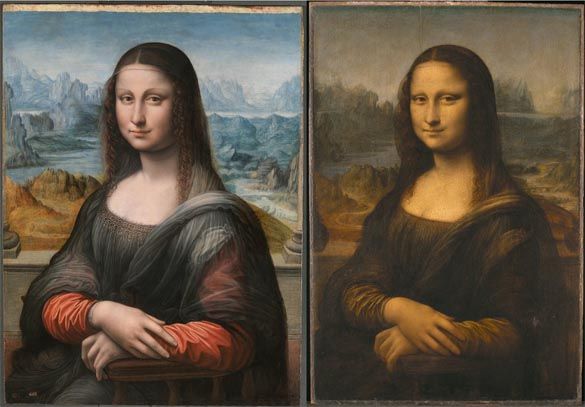 Left: Leonardo da Vinci (workshop), Mona Lisa, copy after restoration, Museo del Prado, Madrid, Spain; Right: Leonardo da Vinci (workshop), Mona Lisa, Louvre, Paris, France.