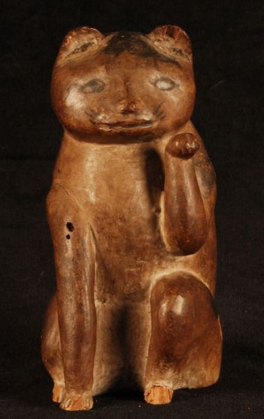 Maneki Neko Carved Wood Sculpture