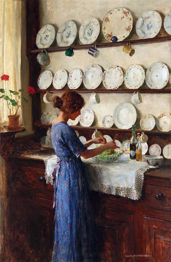 William Henry Margetson, Lady of the House, lady in a blue dress tossing a salad