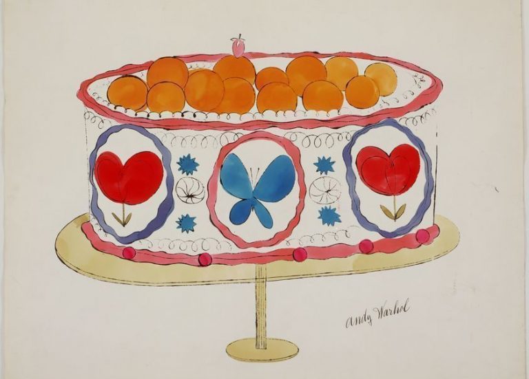 andy warhol party: Andy Warhol, Untitled (Cake on a stand), c. 1959, The Andy Warhol Foundation for the Visual Arts, Inc. / Licensed by DACS/Artimage, London. Detail.
