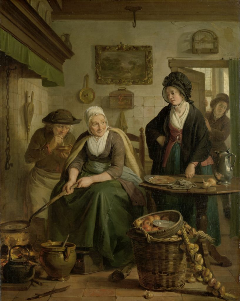 Adriaan de Leile, Woman Baking Pancakes, an elderly lady is cooking pancakes at the hearth, while a lady visits her in the kitchen