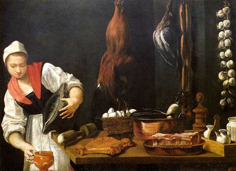 Andrea Commodi, Young Woman in the Kitchen, a lady at the kitchen counter, pouring liquid onto bowl