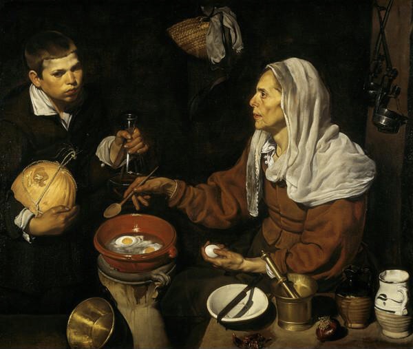Diego Velázquez, An Old Woman Cooking Eggs, a lady frying eggs while a boy holds a goblet and gourd