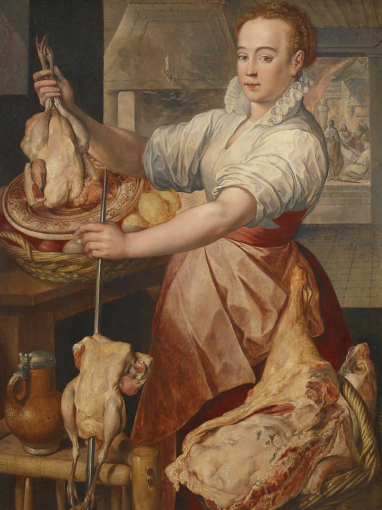 Joachim Beuckelaer, Cook with Chicken. In the Background Christ with Mary and Martha, a lady is preparing some chickens to roast