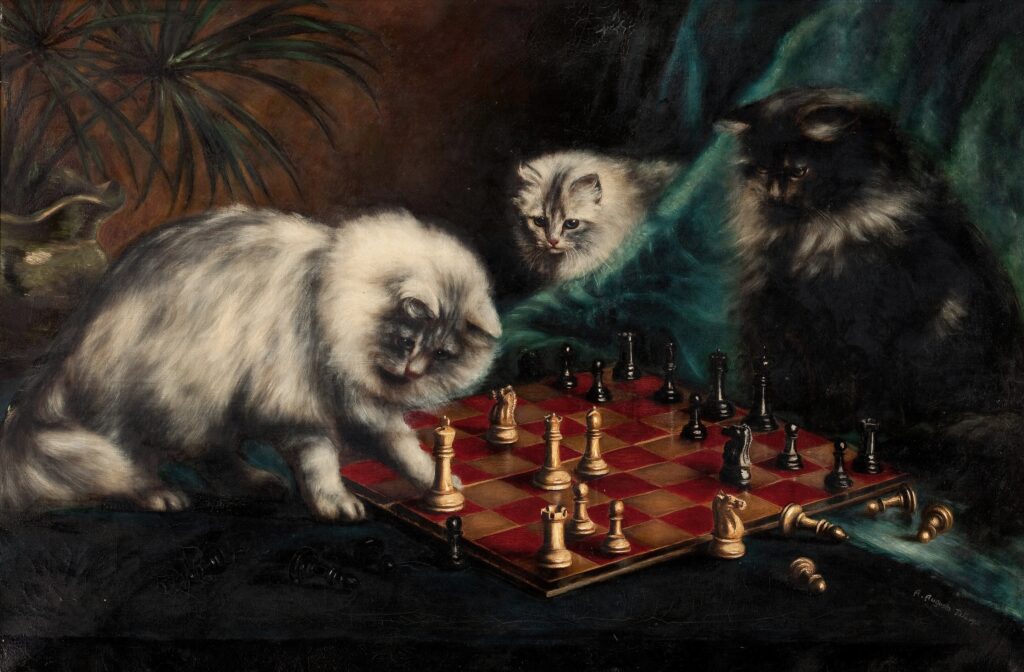 cat paintings: Agnes Augusta Talboys, Checkmate, private collection.
