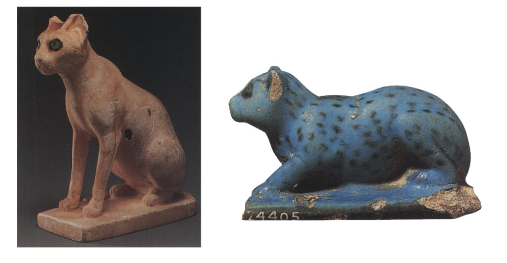 The Sacred Cats of Ancient Egypt: Alabaster jar and small faience statuette