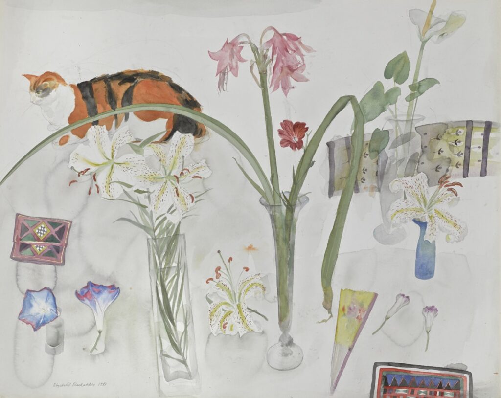 cat paintings: Elizabeth Blackadder, Cats and Flowers, The Fleming Collection, London, UK.
