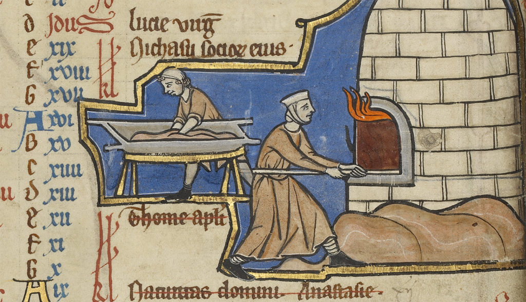 Unknown Illuminator, Baking Bread, detail from an illuminated manuscript showing medieval bakers kneading dough and putting bread in the oven