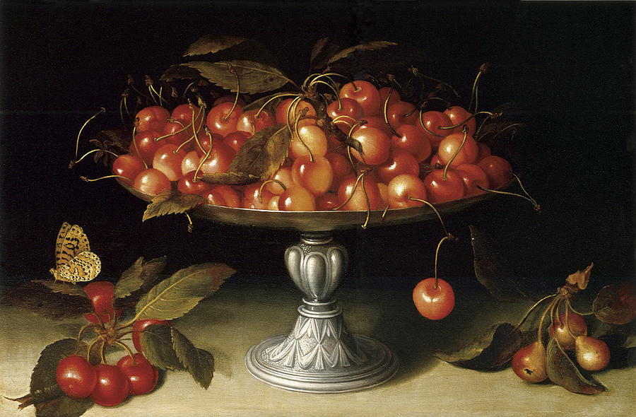 Fede Galizia: Fede Galizia, Cherries in a Silver Compote with Crabapples on a Stone Ledge and a Fritillary Butterfly, 1602, private collection. Fine Art America.
