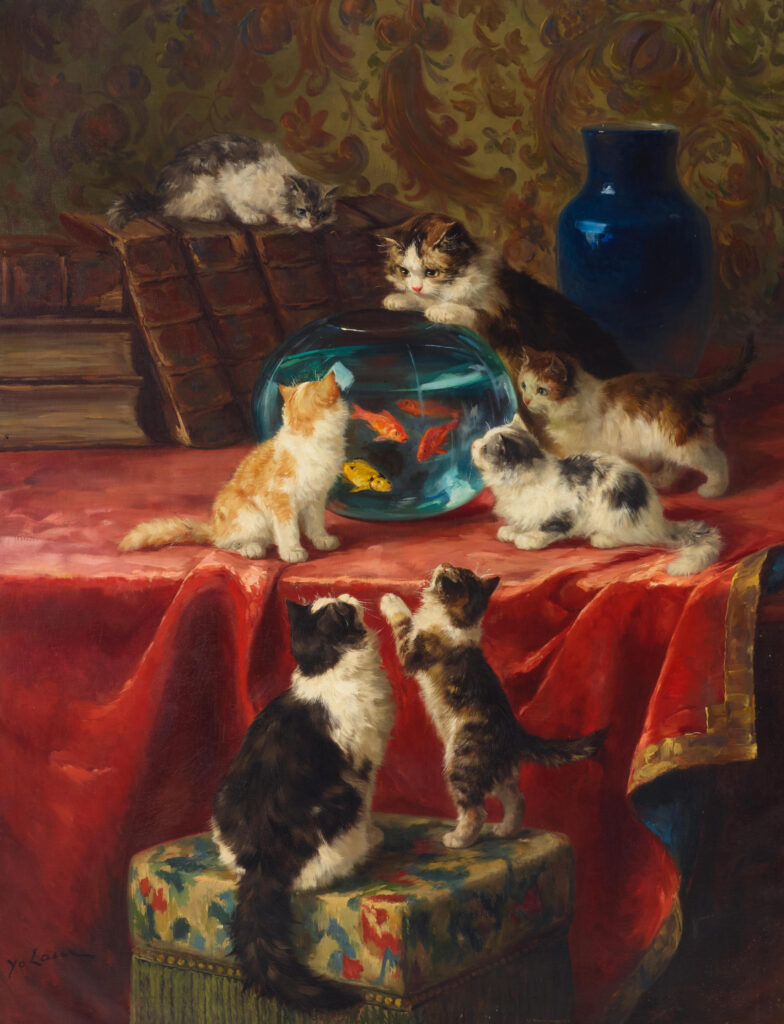 cat paintings: Marie Yvonne Laur, Curious Cats and the Goldfish Bowl, private collection.
