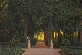 Rusiñol's painting of a garden view depicting a hedge maze with a sculpture in the center with trees. and filtered sunlight in the distance.