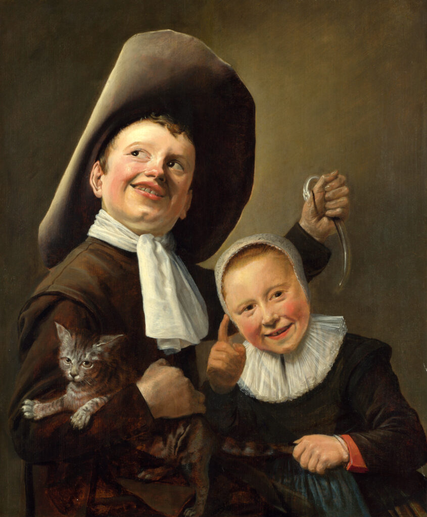 cat paintings: Judith Leyster, A Boy and a Girl with a Cat and an Eel, c. 1635, National Gallery, London, UK.
