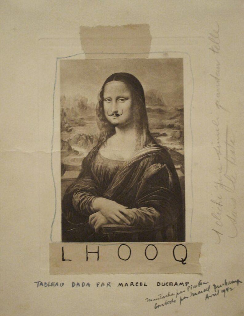 Mona Lisa theft: Marcel Duchamp, L.H.O.O.Q, 1919. Wikimedia Commons (public domain).
