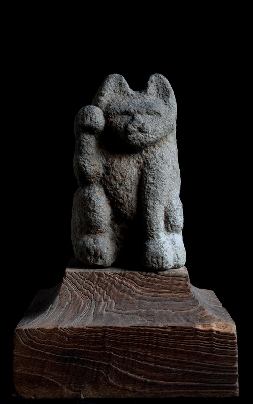 Maneki Neko: Stone figure of Maneki Neko Cat, Edo Period ca. 1800