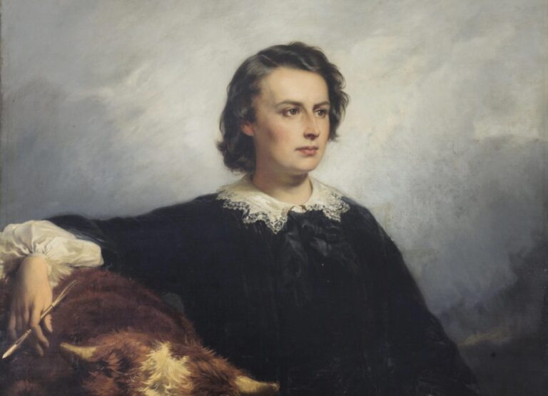 Rosa Bonheur paintings: Edouard-Louis Dubufe, Portrait of Rosa Bonheur with a Bull, 1857. Sotheby’s. Detail.
