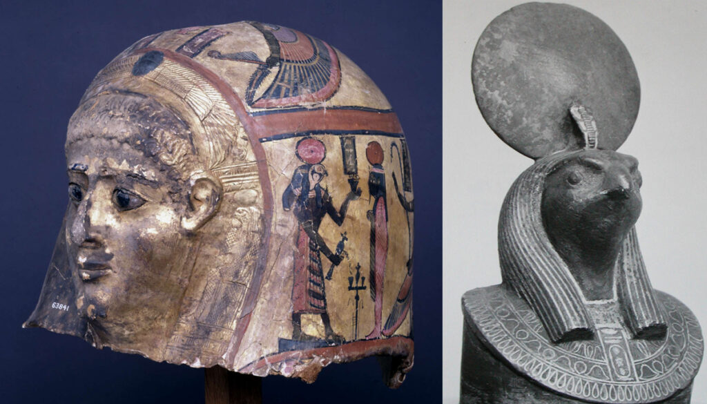 Gilded mummy-mask depicting the sun god Ra and the aegis of Ra bronze prow terminal of a ritual barque in the form of the aegis of Ra