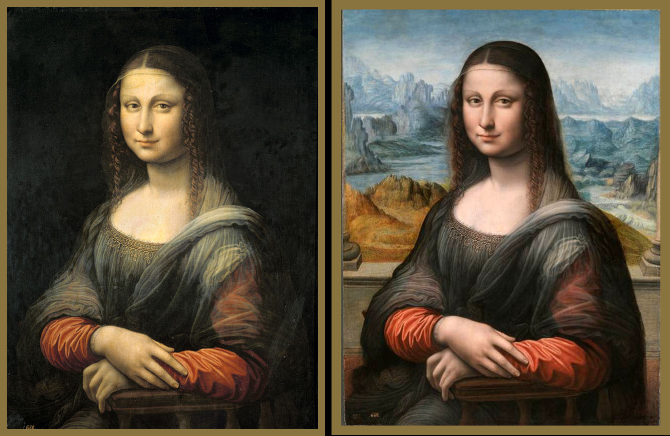 Leonardo da Vinci (workshop), Mona Lisa, before restoration with black repaint (left) & after restoration (right), Museo del Prado, Madrid, Spain.