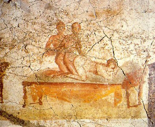 Erotic Art in Pompeii and Herculaneum: Two men and a woman making love; Pompeian wall painting, from one of the Therms (baths), the south wall of the changing rooms - painted around 79 BC. Erotic Art Pompeii Herculaneum
