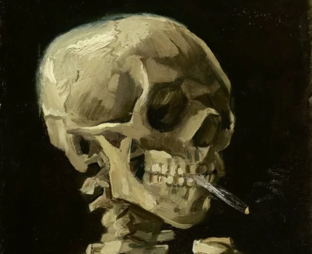 van gogh paintings: Vincent van Gogh, Head of a skeleton with a burning cigarette, 1886, Van Gogh Museum, Amsterdam, Netherlands. Detail.
