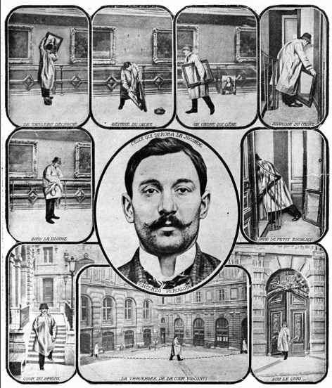 Mona Lisa theft: Illustration of Vincenzio Peruggia stealing the Mona Lisa, 1911. Wikimedia Commons (public domain).
