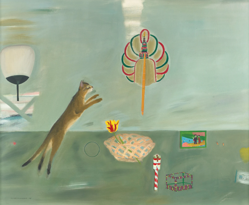 cat paintings: Elizabeth Blackadder, Still Life with Leaping Cat, 1981, Royal Scottish Academy, Edinburgh, UK.
